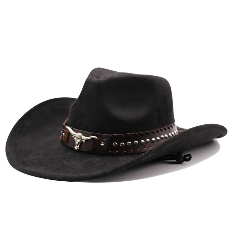 Western cowboyhoed met stierenkopnieten, gebogen rand, winddicht koord en vilt, geschikt voor buitenritten en jazzhoeden.