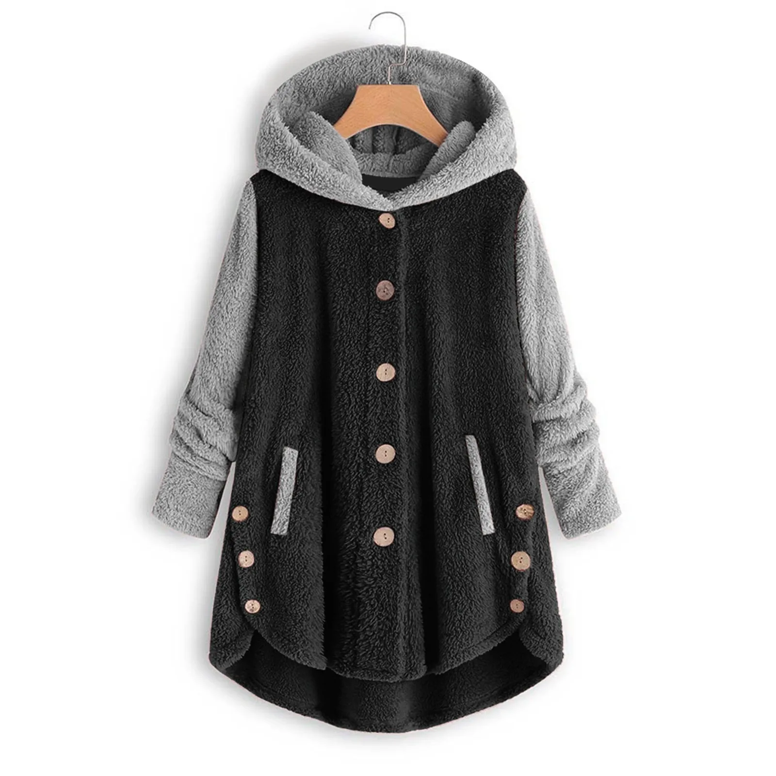 Plus Size 5XL Oversized Jacket for Women Warm Plush Pocket Hooded Winter Coat Casual Color Block Loose Hoodie Tops Outerwear