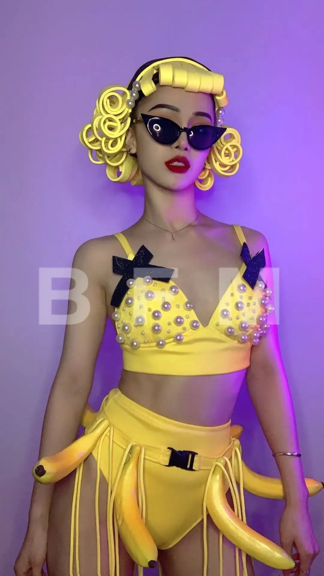 

Banana Pearl Bikini Wig Outfits Bar Club Party Gogo Rave Performance Clothes Nightclub DJ Dancer Groups Sexy Stage Costume