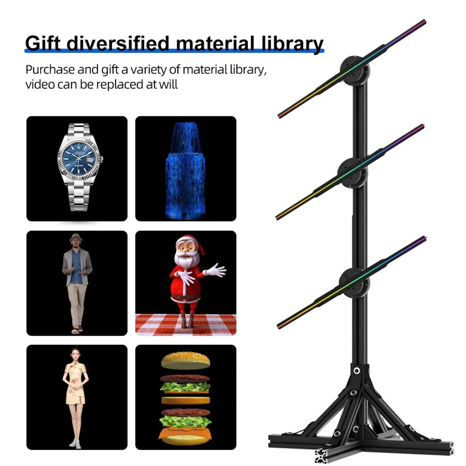 45cm Fan Advertising Lights With Stand Splicing Type 3D Holographic Projector Display Pictures Video App Control