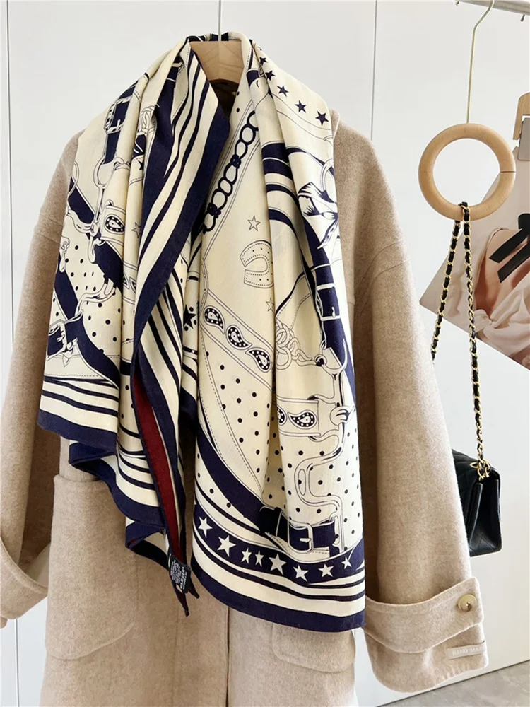 2023 Double-Sided Blanket Scarf Wraps 130*130CM Fashion Belts Print Wool Foulard Shawl Echarpe for Women Autumn Winter Scarves