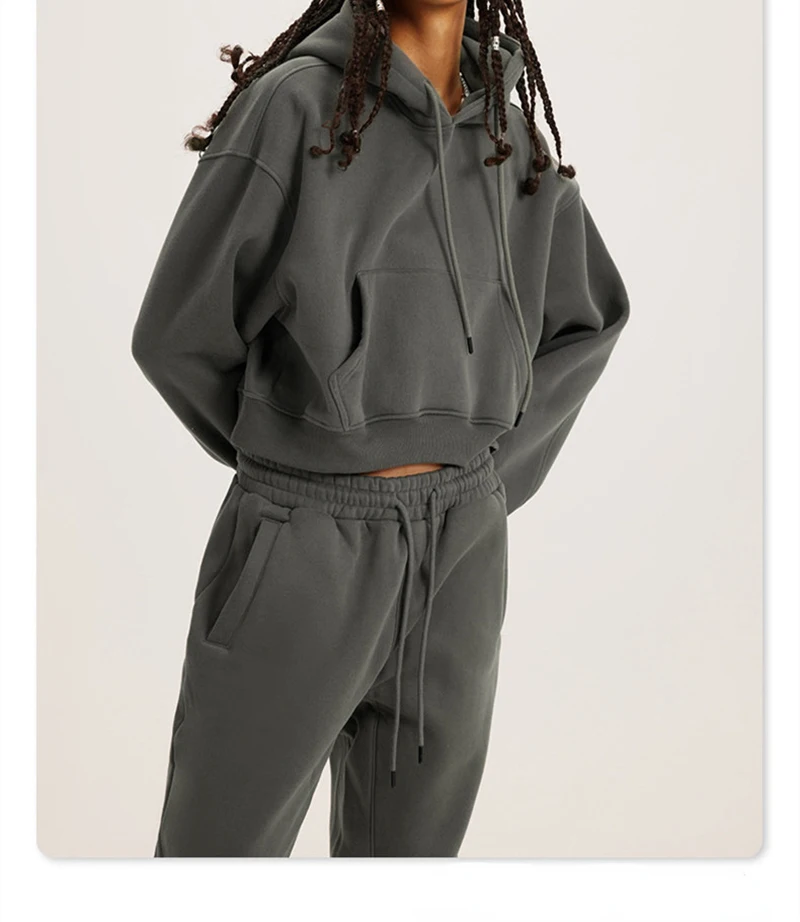 Autumn Winter Padded Two-piece Set Women Hooded Sweatshirt Sweatpants Suit Casual Fashion Loose Solid Color Pullover Top Pants