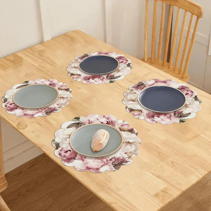 VIKAMA Four-Piece Peony Placemat Set Non-Slip, Heat-Resistant, Washable Mats Kitchen, Home, Parties, Weddings