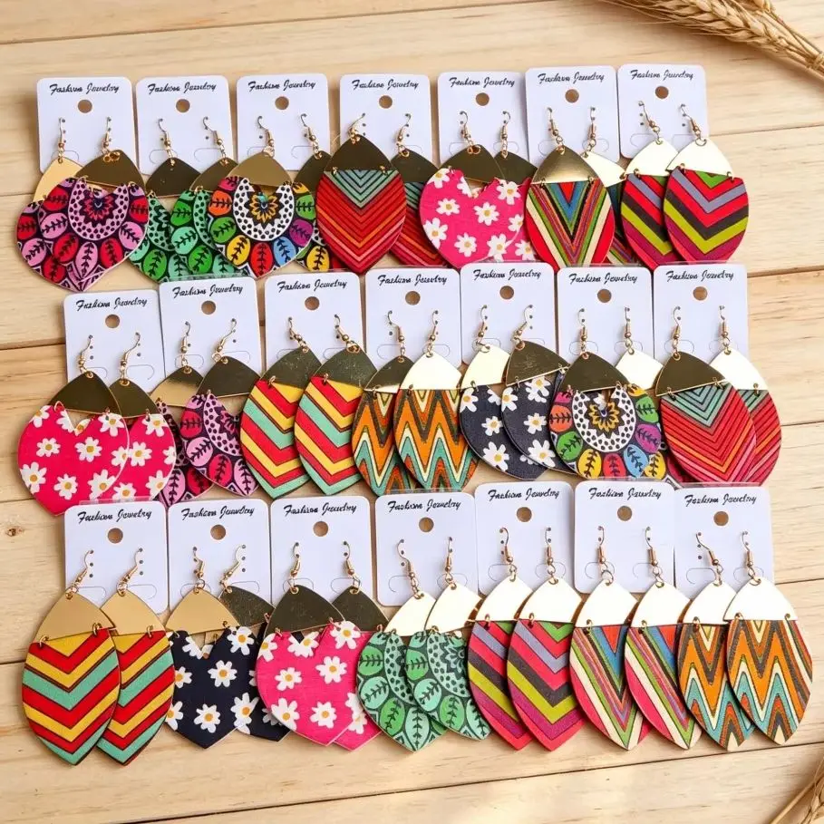 8/12/15Pairs Bohemian Ethnic Wooden Dangle Earrings For Women Vintage Colorful Geometric Floral Print Mix Jewelry Gift Vacation