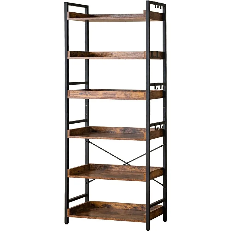 Adjustable 6 Tier Open Bookcase, Rustic Farmhouse Book Shelves, Industrial Wood and Black Metal Bookshelves