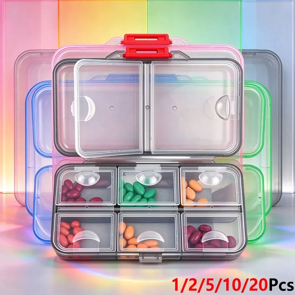 1/2/5/10/20Pcs Travel Medicine Organizer Box, 8 Compartments Double Sided Pill Holder, Food Grade PP Plastic with Safety Buckle