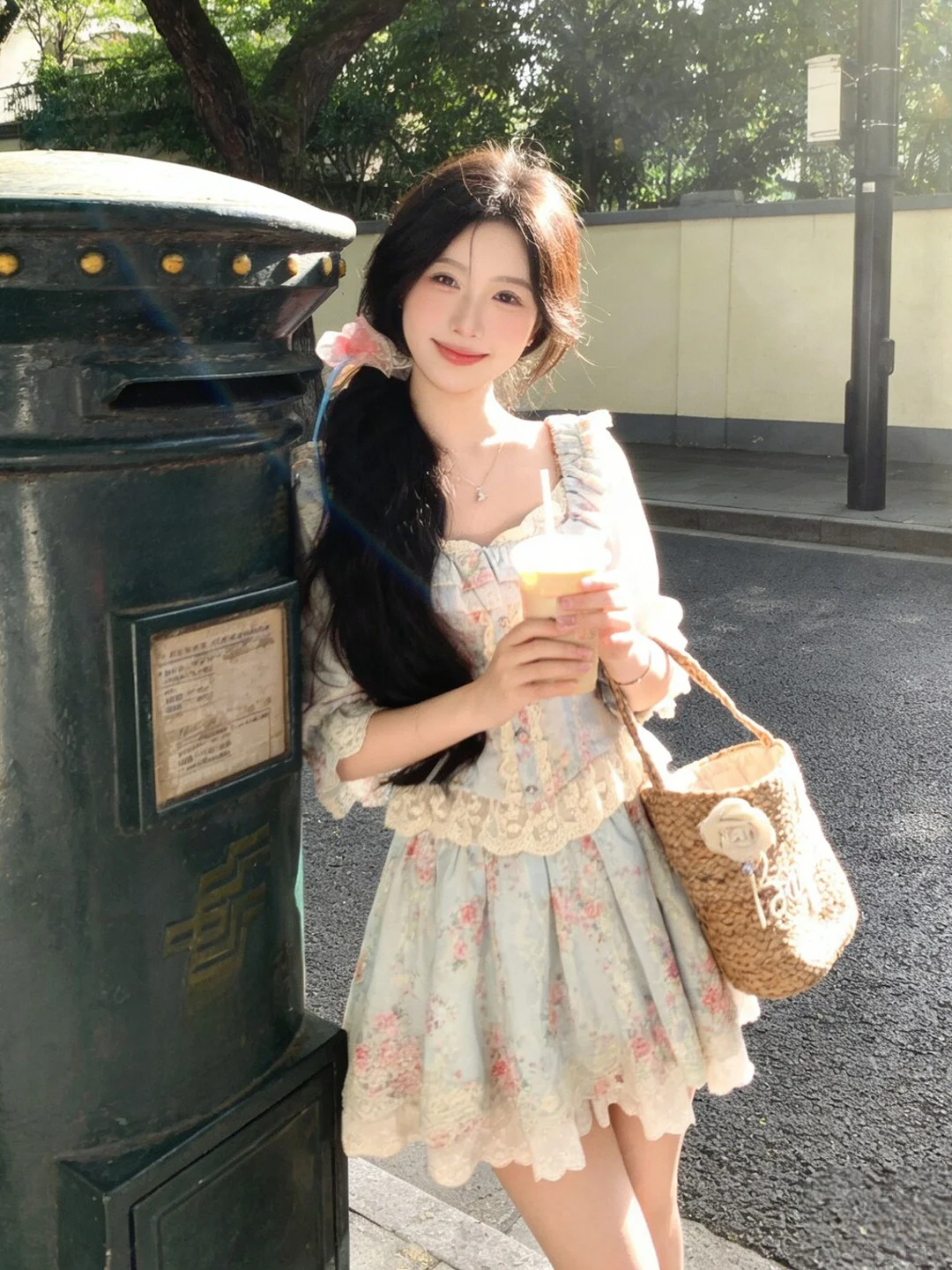 

Sweet Floral Print Top And Puffy Skirt Two-Piece Set Age-Defying Complete Outfit OOTD Summer Collection Comfortable Cotton Blend