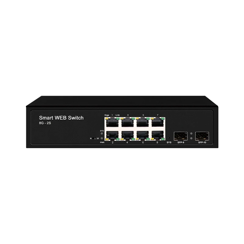 JT-COM L2-conmutador gestionado con 2 puertos de ranura SFP de 1000M y puertos RJ45 de 8x100/1000M