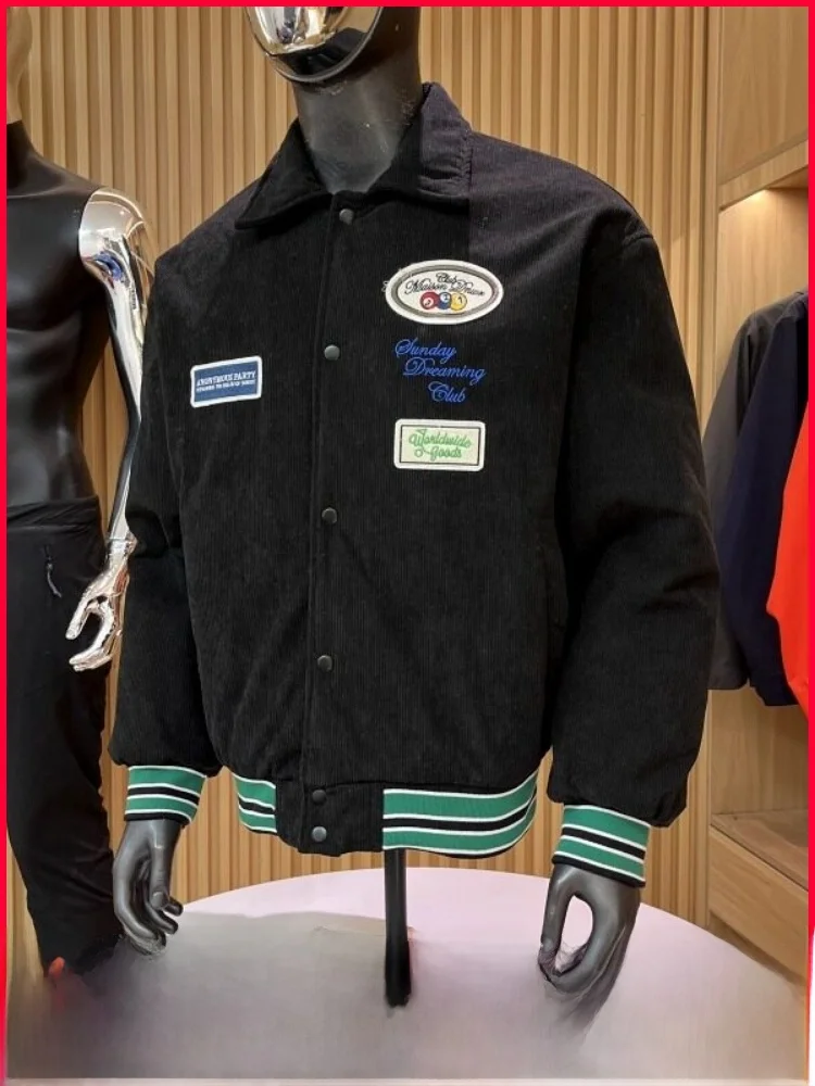 

Утепленная мужская зимняя куртка из вельвета с вышивкой и нашивками, новинка, теплая, с воротником-стойкой, повседневная