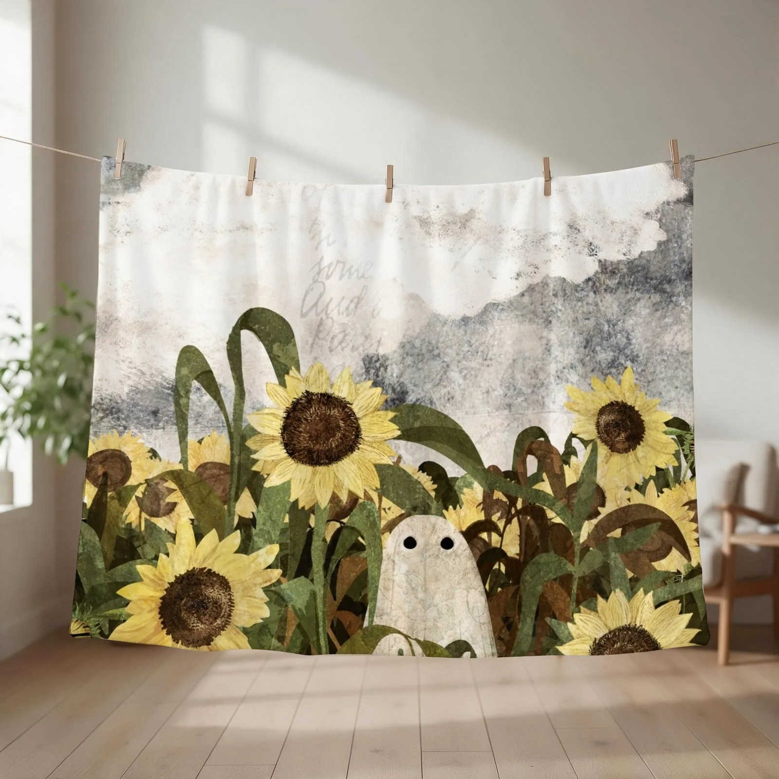 There's A Ghost in the Sunflower Field Again... Throw Blanket couch cozy soft plush fuzzy picnic outdoor blanket