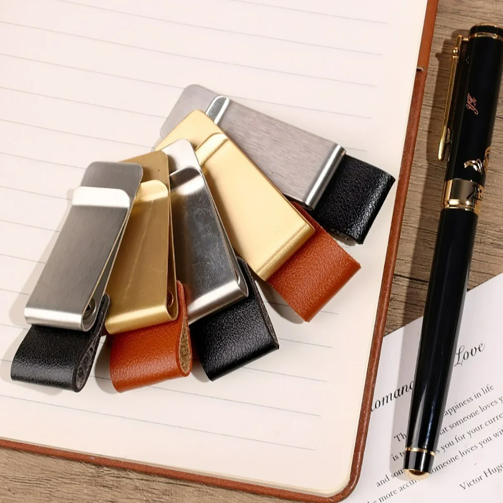 Stainless Steel Leather Pen Clip Pen Holder Notebook Bookmark Practical Organizer Clip Pen Holder Office Stationary Convenient
