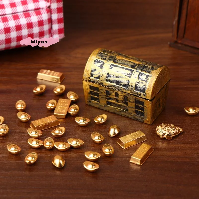 1Set Dollhouse Miniature Treasure Box 1/12 Mini Simulation Pirate Treasure Chest Ingot Gold Bar Model Doll House Decor Accessory