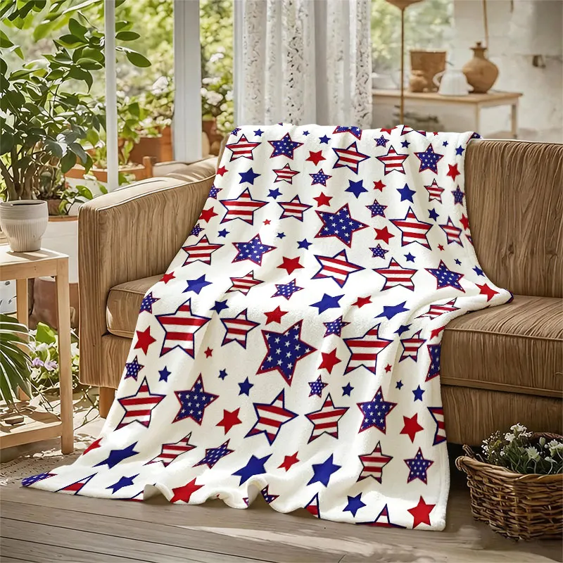 Patriotic Star Print Flannel Blanket Warm Soft Halloween Christmas Decorative Couch Warm Cozy All-Season Gift