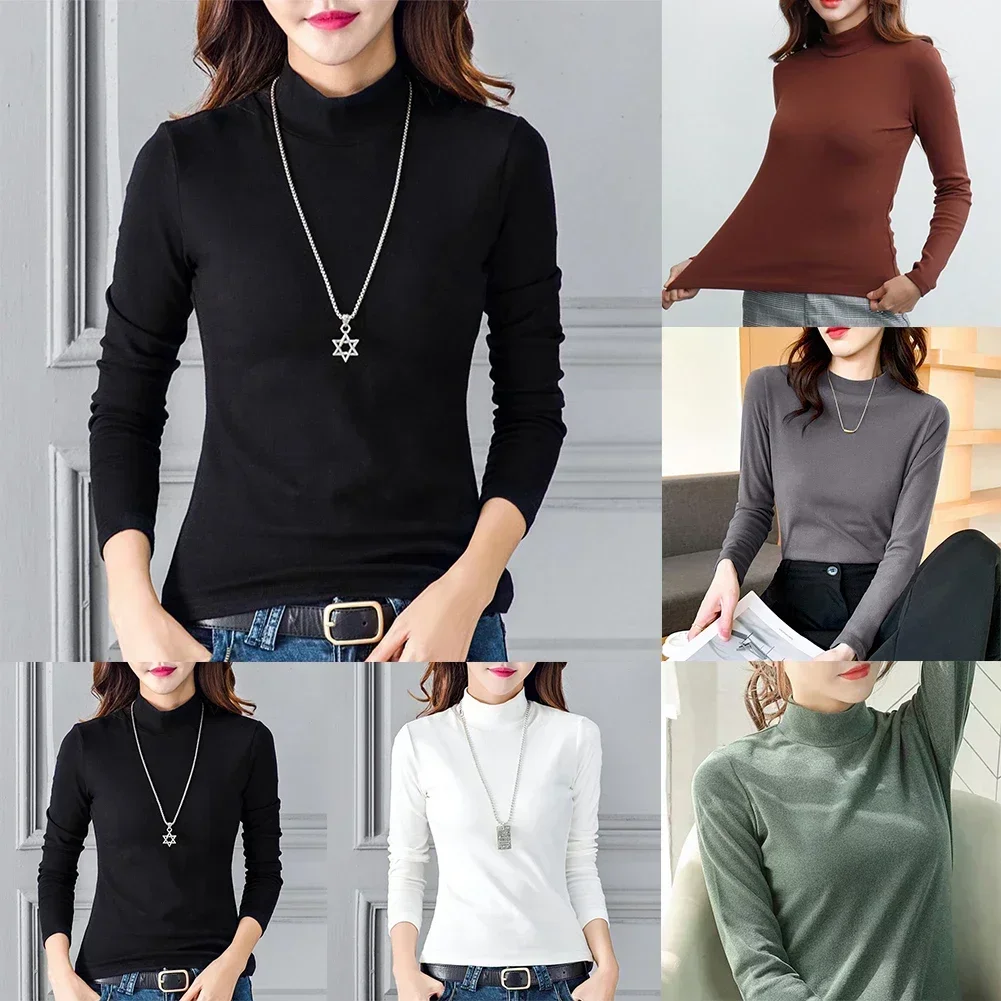 Women Turtleneck Base Layer Long Sleeve Slim Fit Thermal T-Shirts Solid Color Autumn Warm T Shirt Tees Tops Female Clothing