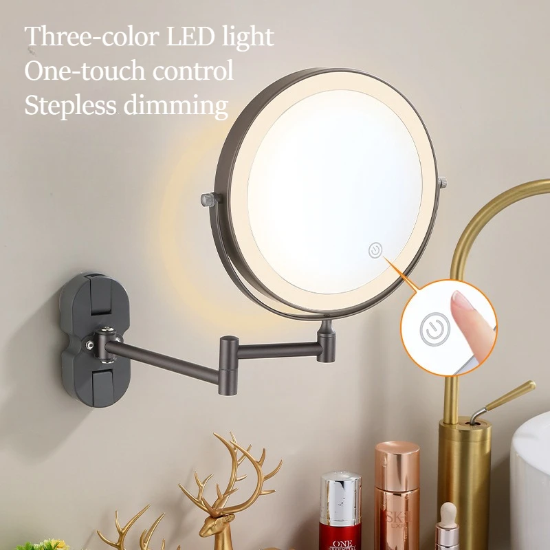 8 Inch gun‑gray Wall Mounted Bathroom Mirror 3x Magnifying Makeup Mirror Adjustable Dimming Vanity Cosmetic Mirrors with Light