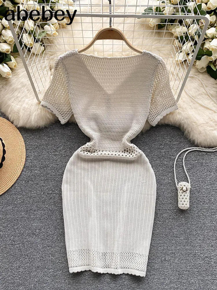 Crochet Dresses Knit Cut Out Dress Jurk Dames Beach Dresses for Women 2023 Short Sleevel Female Vestidos Mujer Short Dress