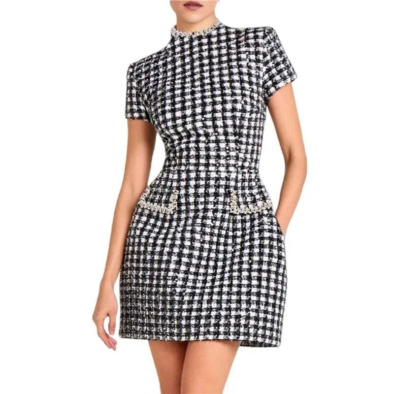 

CYL-Элегантное женское платье А-силуэта с короткими рукавами в клетку