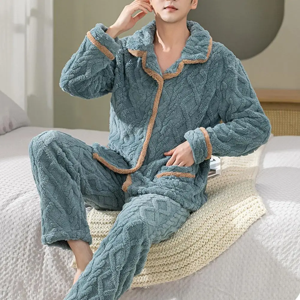 

Men Pajama Set Cozy Men's Coral Fleece Pajama Set With Long Sleeve Tops Wide Leg Pants Winter Loungewear Set For Comfort Style