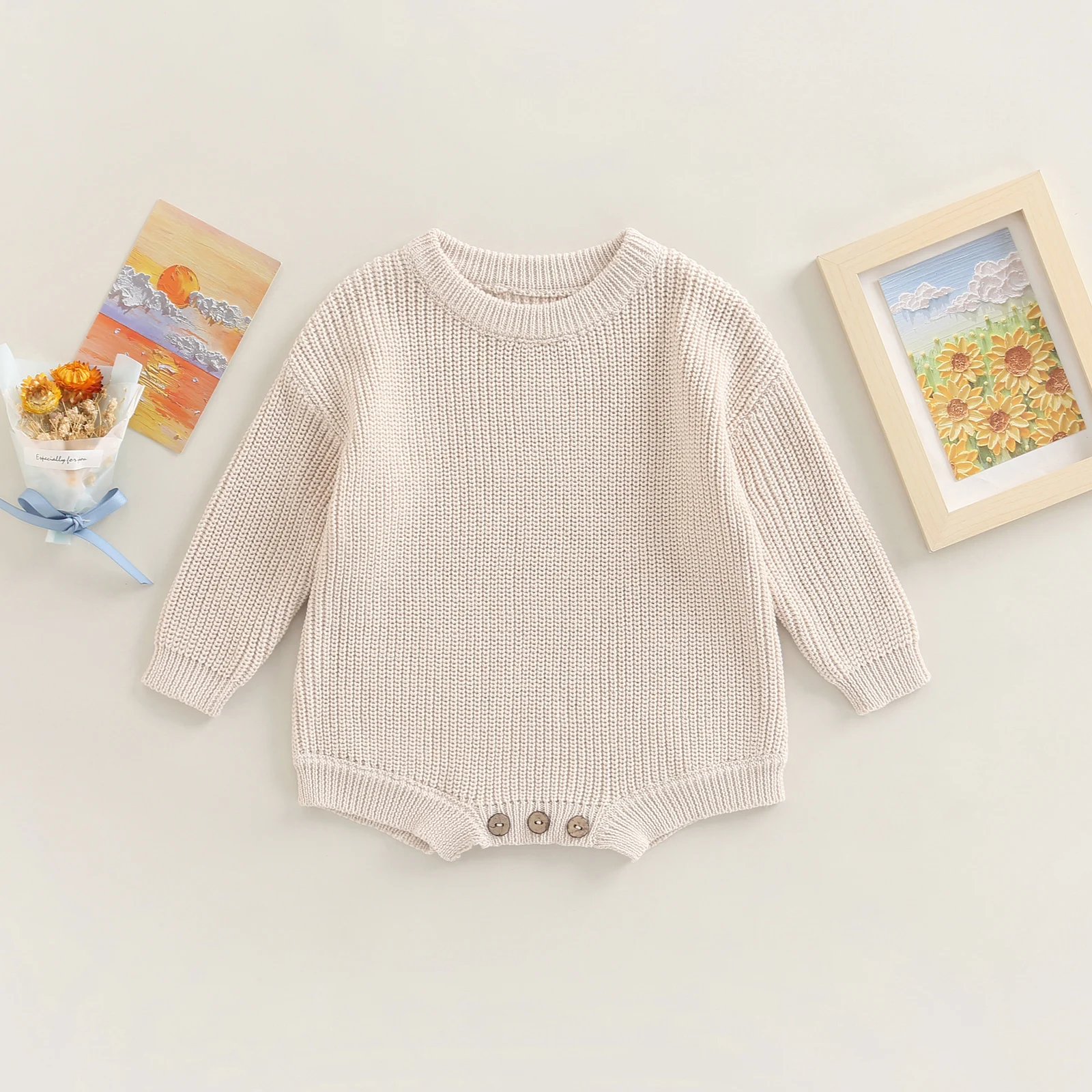 

Citgeett Autumn Infant Newborn Baby Girls Boys Bodysuit Knitting Ribbed Long Sleeve Solid Color Button Jumpsuit