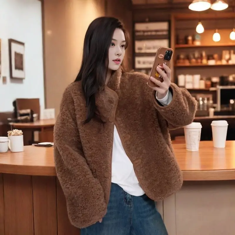 Winter Japanese Men's and Women's Fleece Stand Neck Jacket Couple Zipper Loose Warm Lamb Wool Coat Solid Color Jacket Wh46