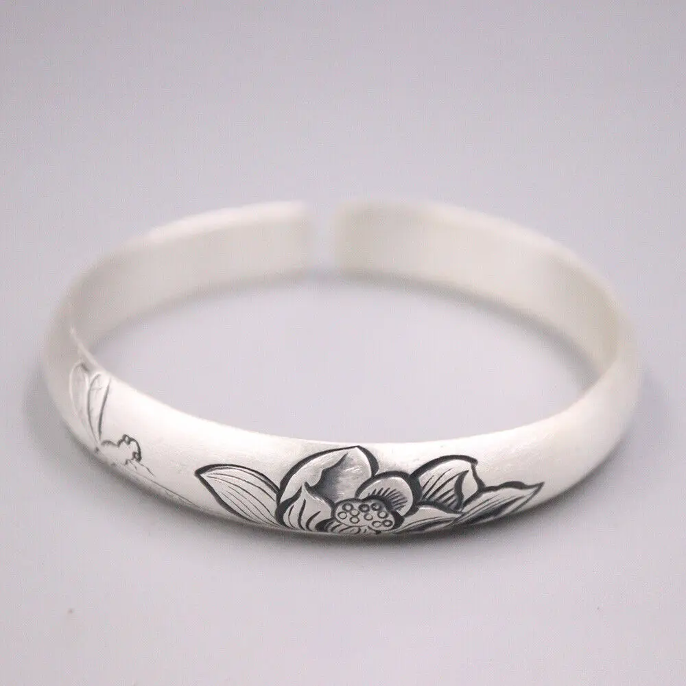 Real 999 Fine Silver Bangle 10mm Dragonfly Flower Handmade Cuff 2.36inch Dia.