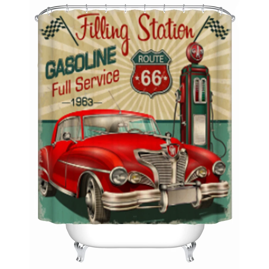 Shower Curtain Retro Vintage Gasoline Route 66 Classic Motorcycles Waterproof Polyester Fabric Bathtub Curtain With Hooks