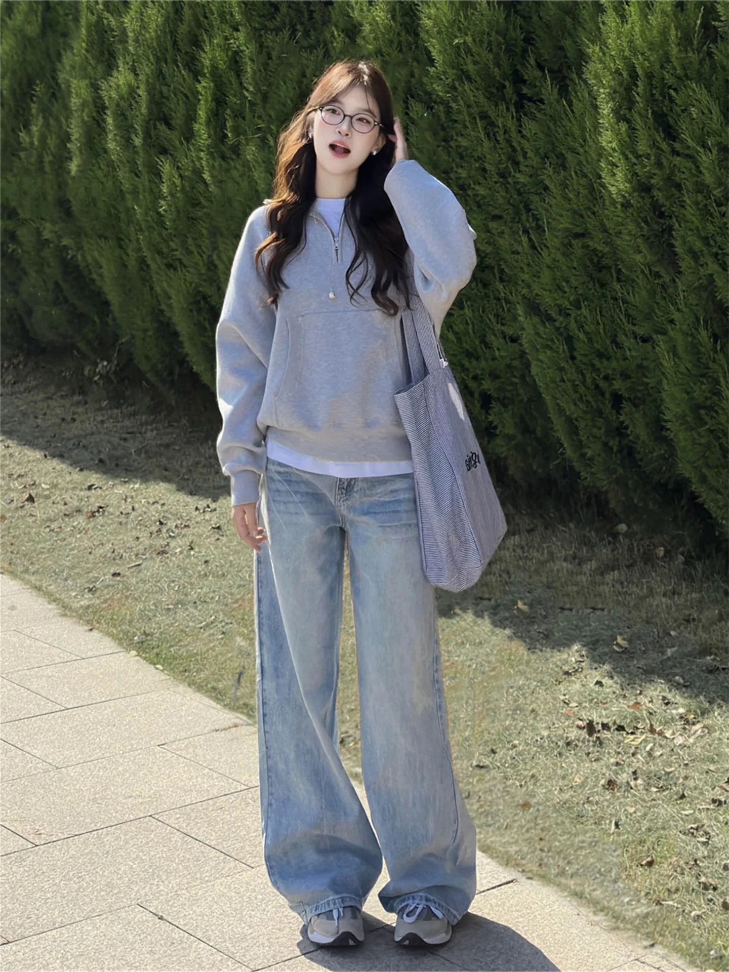 

American Retro Light Blue Wide Leg Jeans Women's Loose Slimming Tall Extended Straight Casual Pants Street Style Cotton Natur...