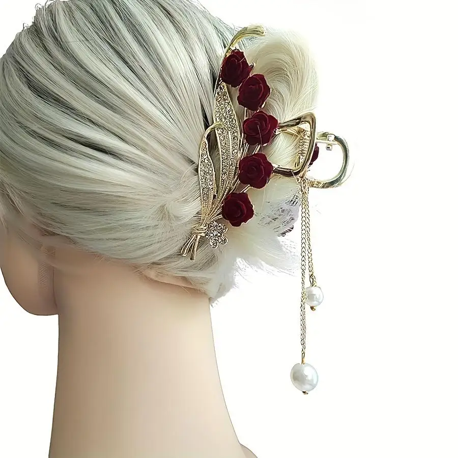 Horquilla con borla de rosa roja de estilo antiguo para niña, 1 unidad, para peinar la cabeza, adecuada para fechas diarias