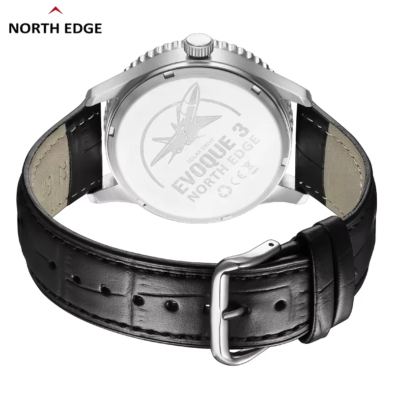 NORTH EDGE EVOQUE 3 Men's Pilot Series Watch For Men Aviation Solar Powered Watch Leather Strap Luminous Stainless Steel Case