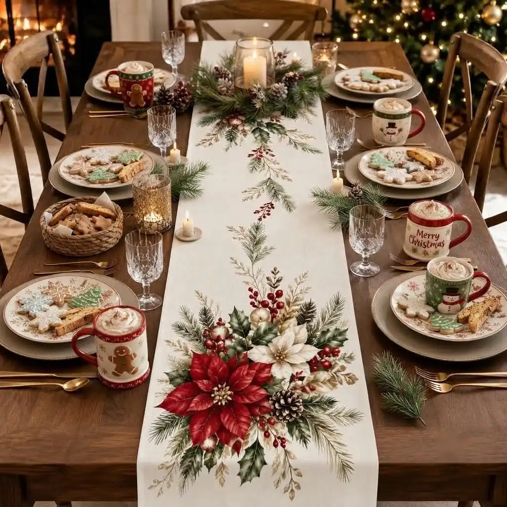Spring Floral Table Runner, White & Red Flower Print, New Year & Christmas Celebration Decor for Dining Party Outdoor Holiday