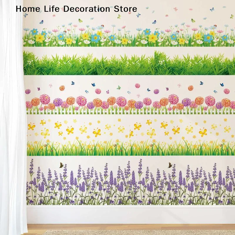 Pastoral Flowers Grass Fence With Butterfly Wall Stickers Pvc Decals Mural Art For Office Shop Bedroom Baseboard Home Decoration