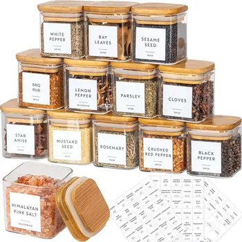 5oz cam kavanozlar baharat etiketleri ile Set, bambu kapaklı kare baharat kavanozları/etiket etiketleri, gıda saklama kabı bidonları