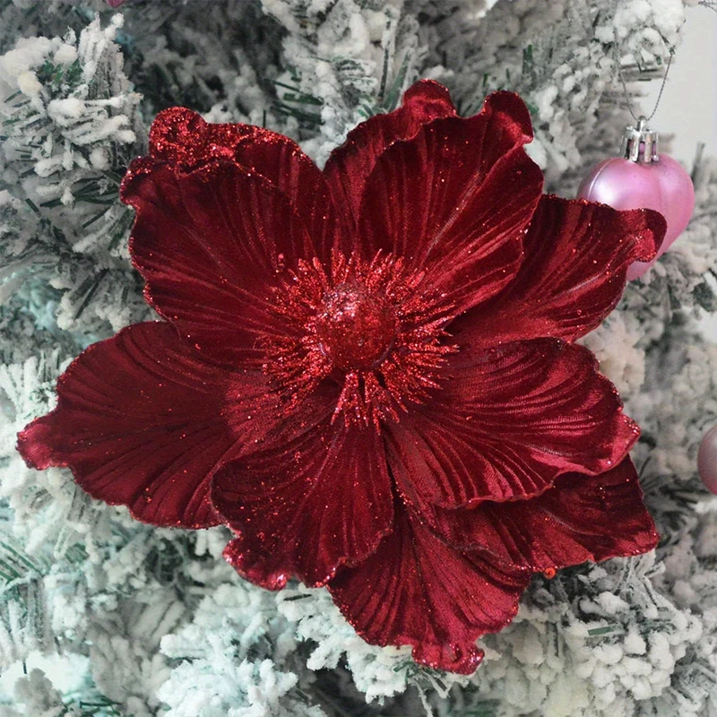 رؤوس زهور عيد الميلاد، زهور صناعية لامعة، زينة شجرة عيد الميلاد ذاتية الصنع، زينة حفلات عيد الميلاد، ديكور منزلي للعام الجديد #3