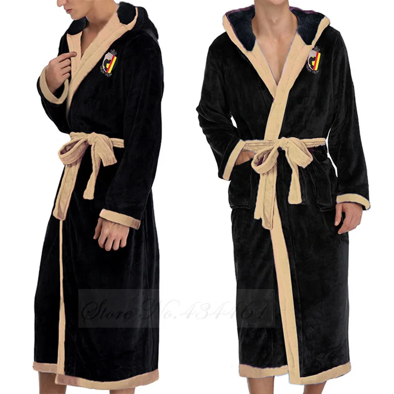 Winter Long Coral Fleece Hooded Robe Men's Flannel Home Clothes Kimono Bathrobe Gown Thicken Loose Casual Sleepwear Lounge Wear