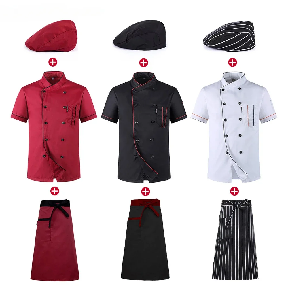 Uniforme de chef à manches courtes, ensemble d'été pour Restaurant, hôtel, cuisine, vêtements de travail pour hommes et femmes, veste fine respirante + chapeau + tablier pour jeunes
