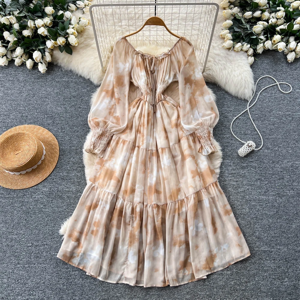 

Chic vintage lantern sleeve print dress Elegant Fairy korean fashion autumn Party women clothing