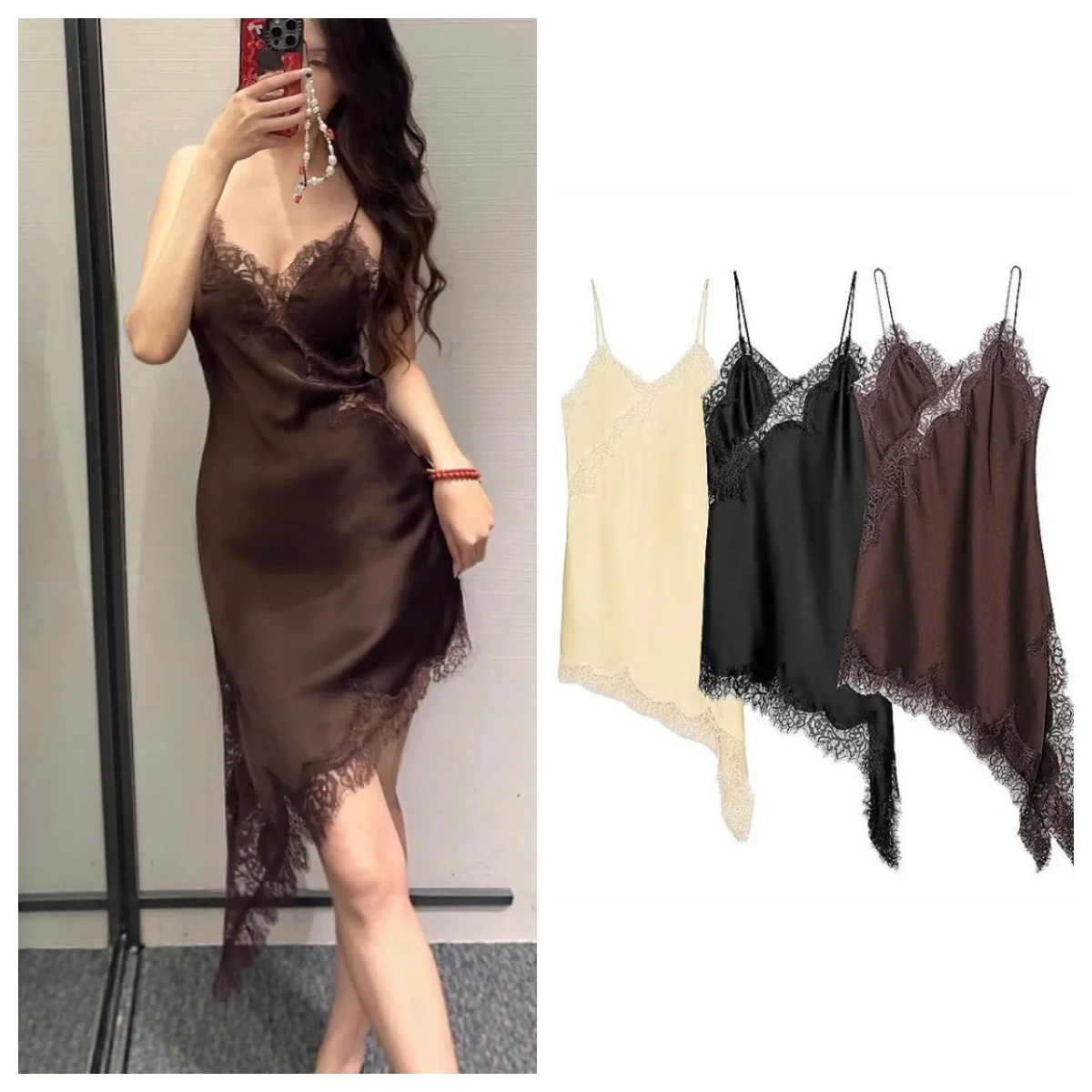ブラウンサテンレーススプライシングスリングドレス女性エレガントな不規則な裾 V ネックバックレスノースリーブガウンシックな女性パーティークラブ Vestidos