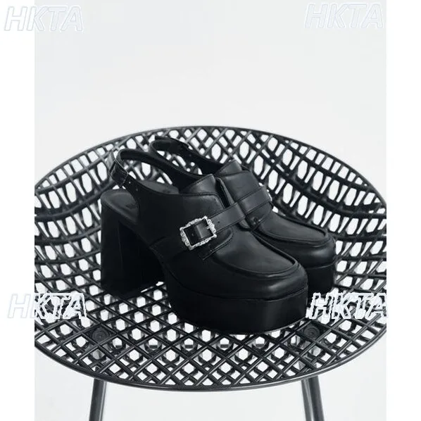 Japanese Retro High Heel Sandals Black Shoes Square Head Thick Heel Waterproof Table Rhinestone Heightening Platform Shoes Women