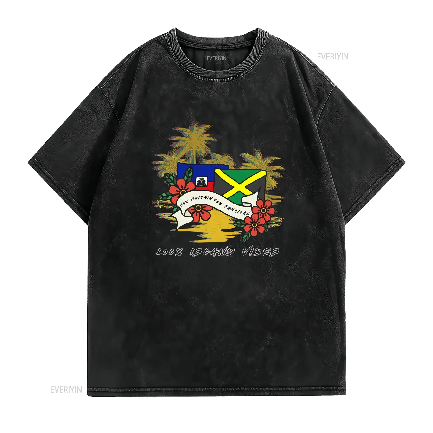 50 Jersey T shirt Haitian and Jamaican vintage Washed Top For Everyday Wear Breathable graphic homme Versatile Soft Casual
