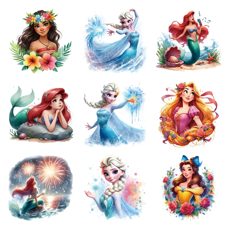 New Watercolor Princess Ariel self-adhesive custom patch heat transfer stickers DIY patches for Girls Applique for clothes