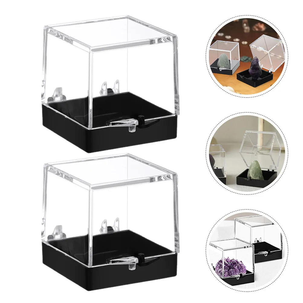 2Pcs Transparent Acrylic Specimen Display Box with Black Base for Minerals Crystals Rocks Collection Storage and Showcase