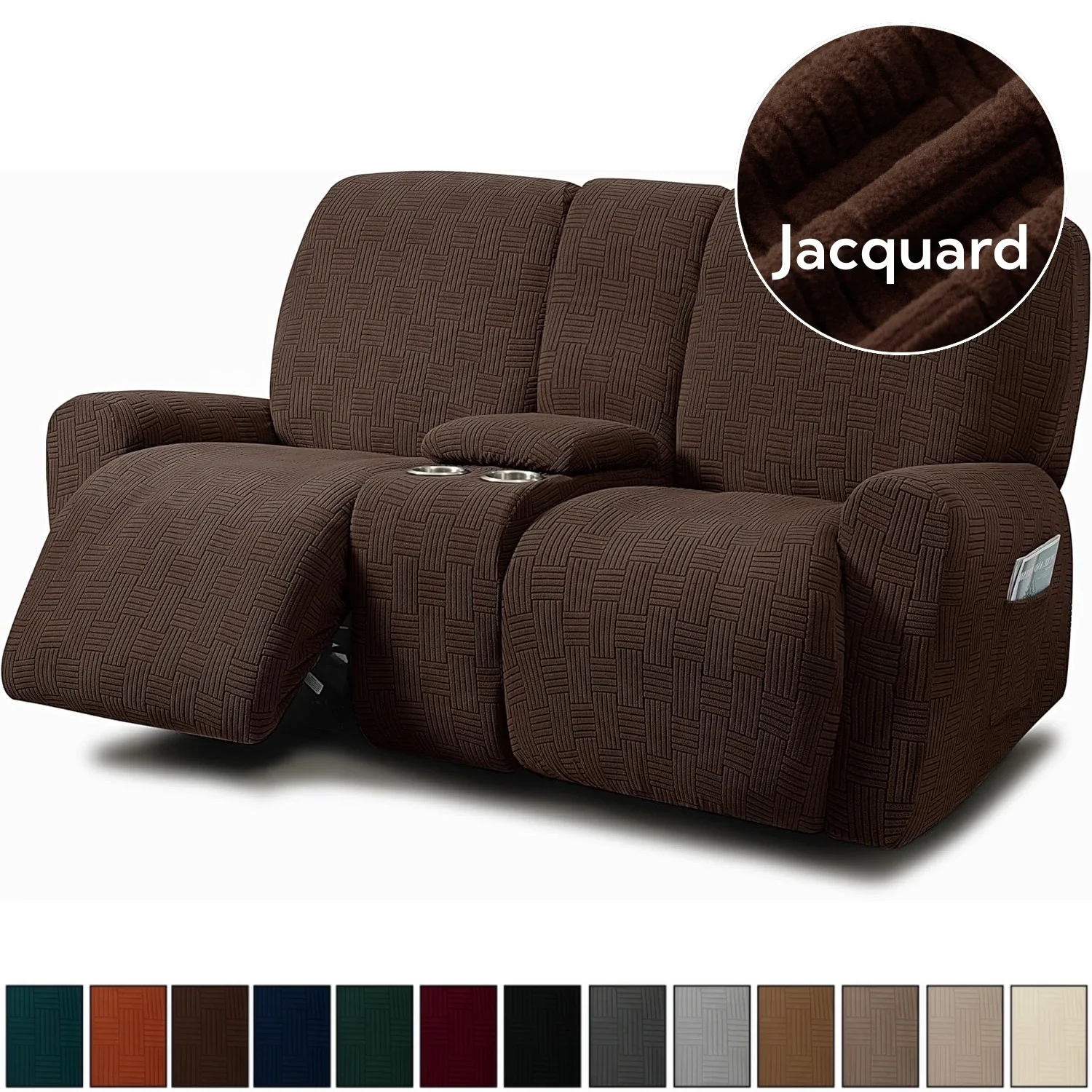 Thick Jacquard Reclining Loveseat Middle Console Slipcover 8-Piece Design Stretch Sofa Covers 2 Seater Loveseat Recliner Cover