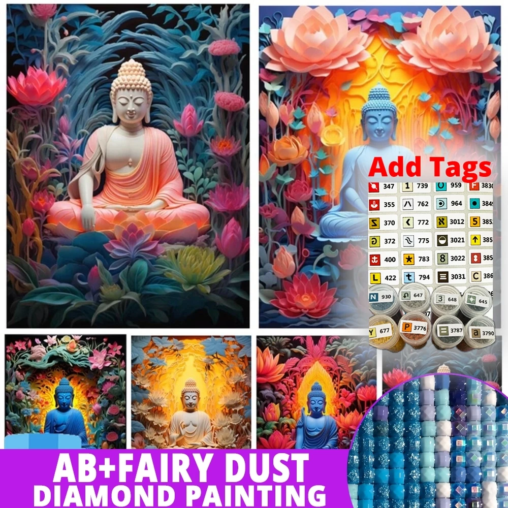 

Фея Пыль AB поставляется с наклейками DMC DIY Алмазная картина Лотос Будда Дзен Полный горный хрусталь Мозаика Религия 5D Вышивка Крестом