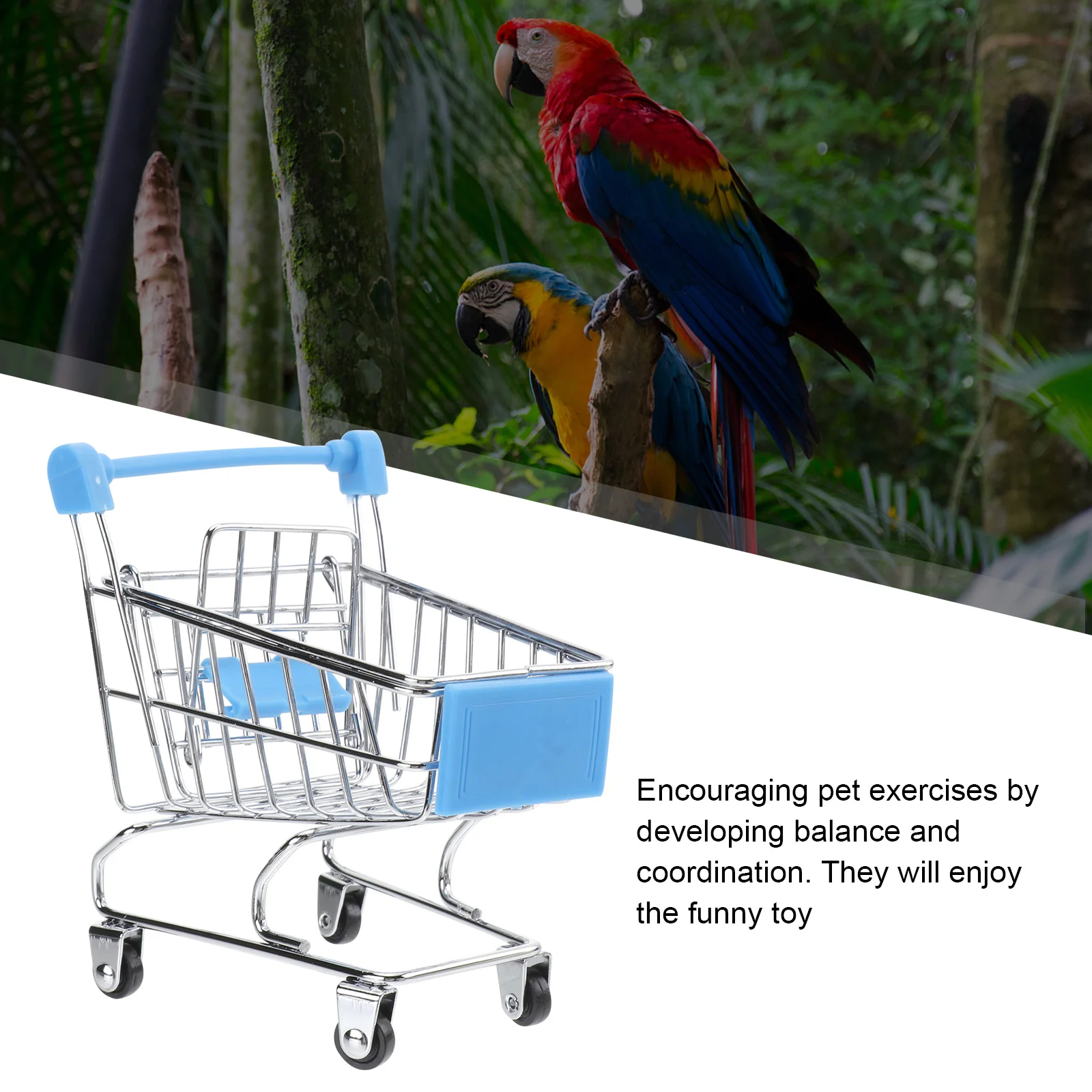 ミニチュアメタルスカイブルーショッピングカート、引き出し式シート付き、本物の回転ホイール、デスクオーガナイザー、ミニショッピングカート