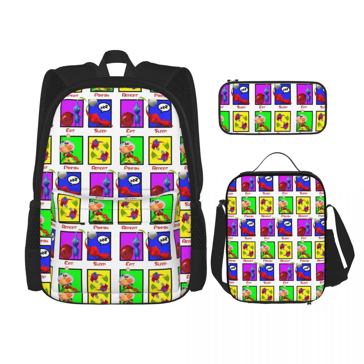 Eat Sleep Pikmin Repeat Backpacks Kids Bookbag School Bags Rucksack Lunch Bag Pen Bag Three-Piece Set