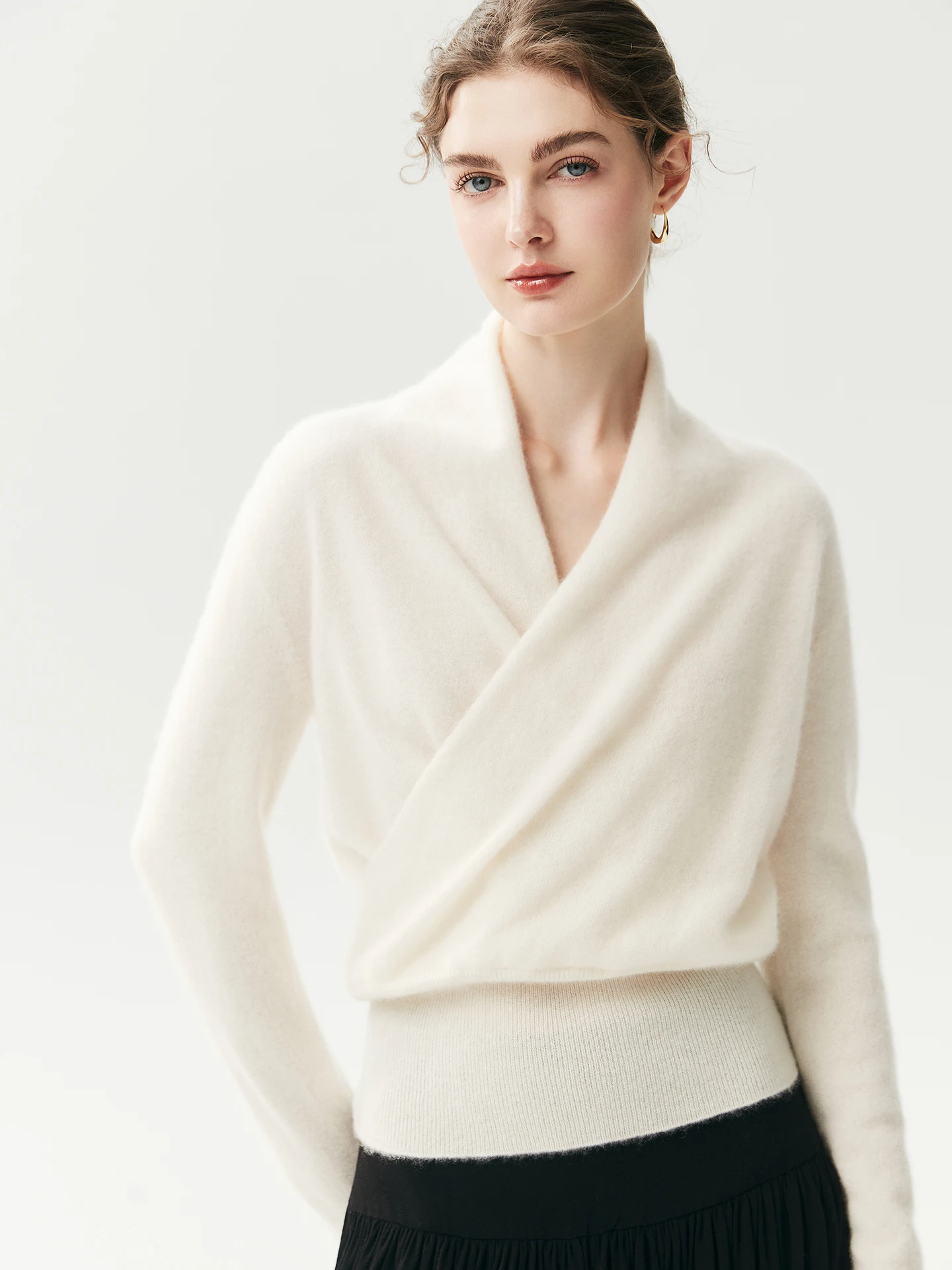 TLOML Women's 100% Cashmere Sweater Crossover Collar Pullover Autumn Winter Office Lady Basic Grace Cashmere Knitwear Solid Tops