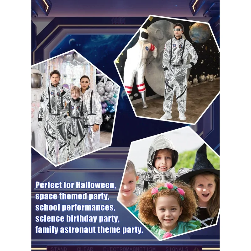 زي رائد فضاء فضي للرجال مع قبعة ونظارات شمسية وقفازات – بدلة فضائية لحفلات الهالوين والكرنفال والحفلات التنكرية والخيال العلمي mb.3