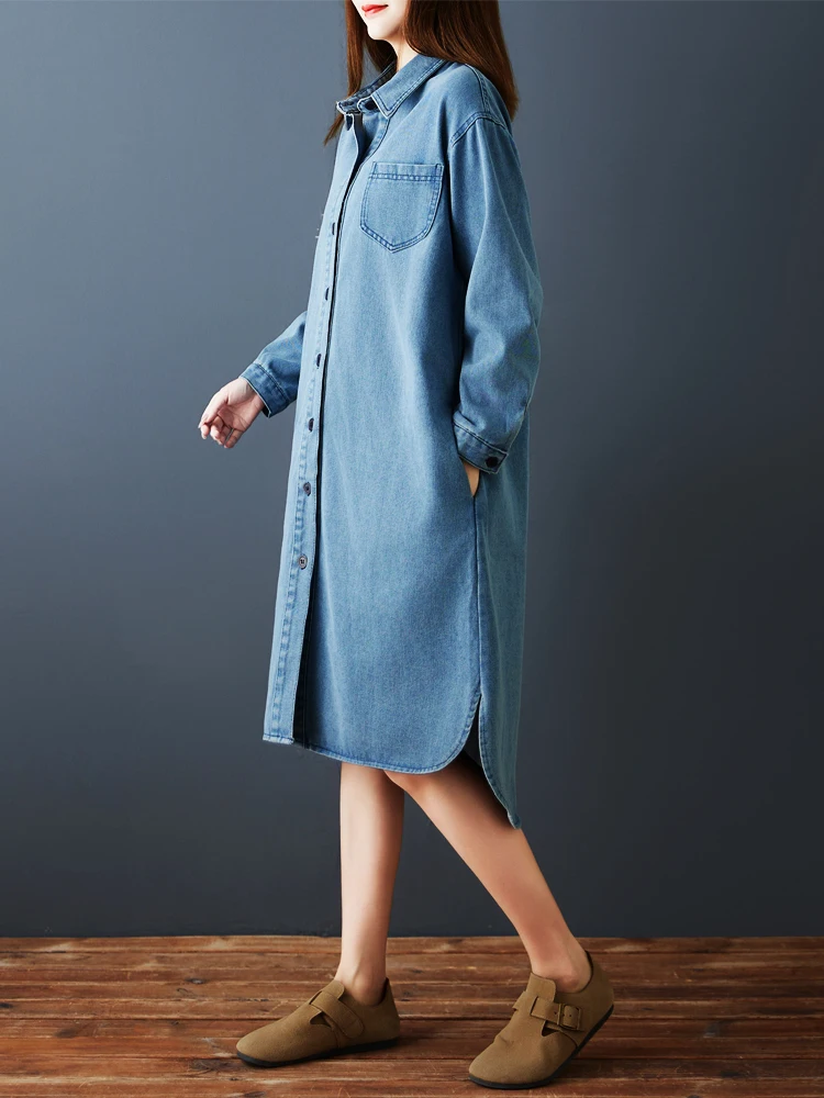 Winter Herbst Koreanische Mode frauen Denim Kleid Einfarbig Langarm Einfache Grund Lose Beiläufige Weibliche Vintage Kleid Roben