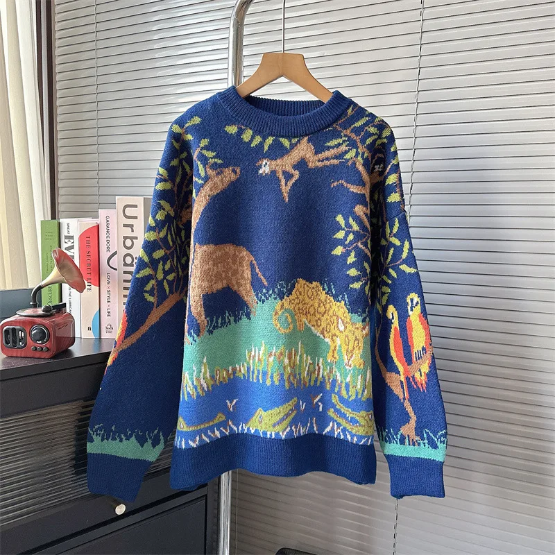 Vintage Women Graphic Oversized Sweater Crew Neck Long Sleeve Boho Printed Loose Fit Casual Knit Pullover Sweaters Top 2024