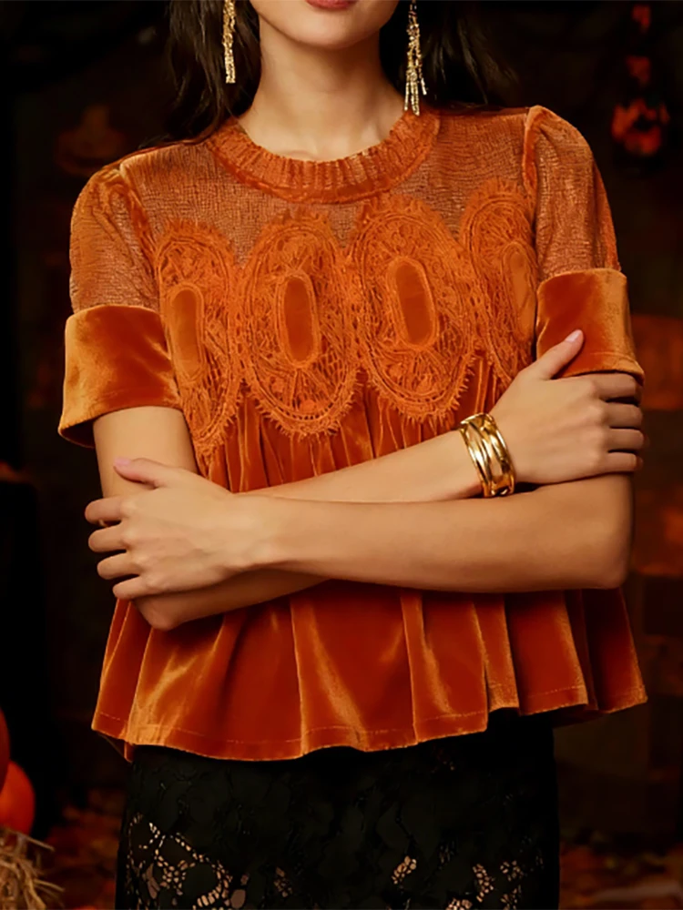 

Women's elegant daily slimming short sleeved top with mesh velvet splicing 2026 spring/summer new stylish top